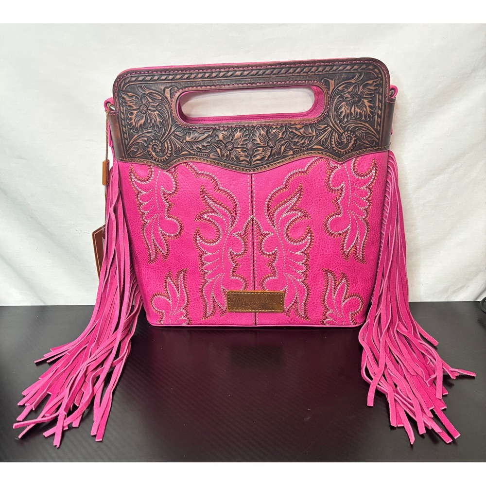 Wrangler Hot Pink Western Fringe Crossbody Bag Floral Tooling NTW Festival Boho